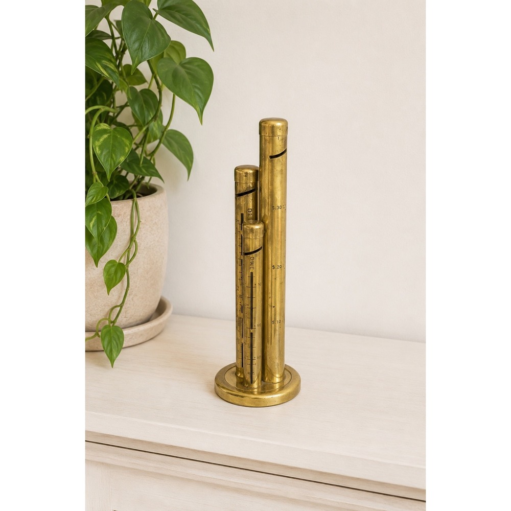 Vintage Brass Coin Counter Bank Triple Tower Nickel Dime Quarter 12" MCM Piggy